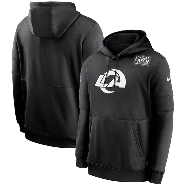 Men's Los Angeles Rams 2020 Black Crucial Catch Sideline Performance Pullover NFL Hoodie - Click Image to Close